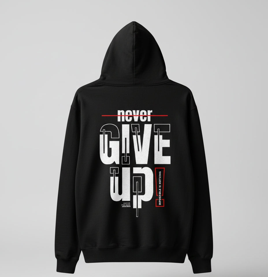 Never Give Up Oversized Black Hoodie