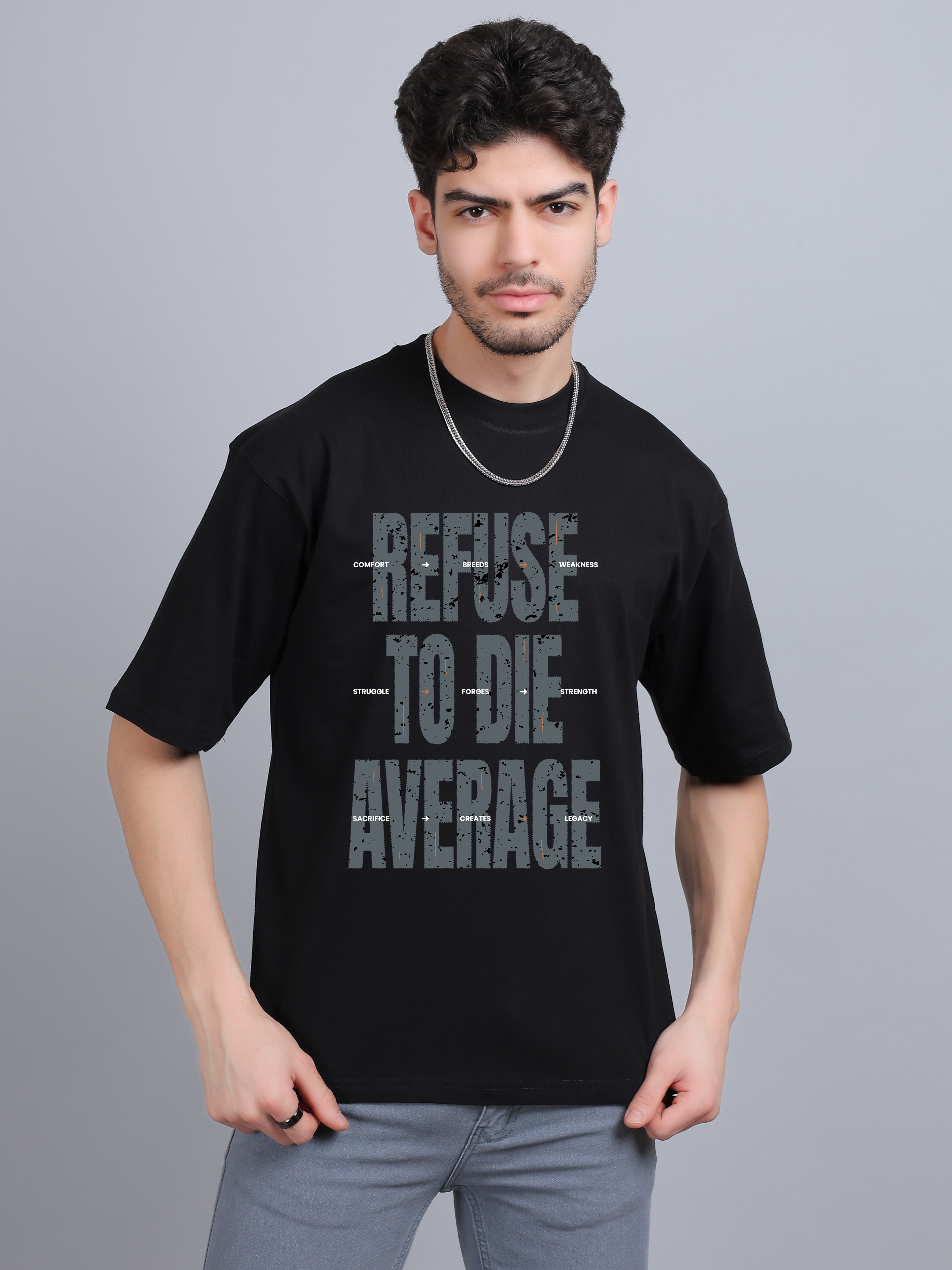 REFUSE TO DIE Black Oversized T-Shirt – Graphic Print Round Neck Casual Tee for Men